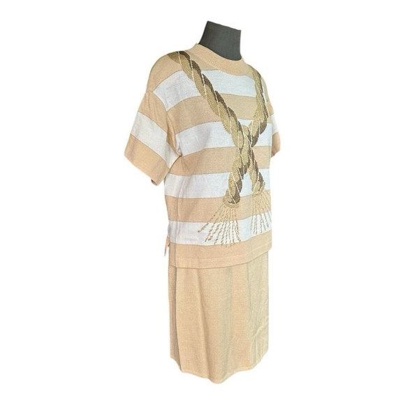 ST JOHN Collection Women Crew Neck Nautical Sweater Skirt Set Beige Stripe Knit - Picture 4 of 9